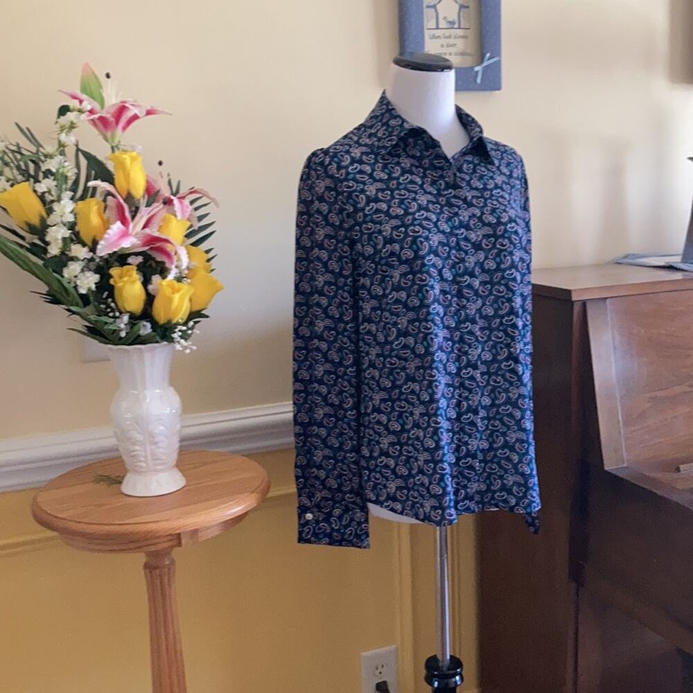 Brooks Brothers Blue Paisley Print Buttondown Blouse, Size 4